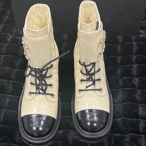 CHANEL Black and Cream Combat Boots